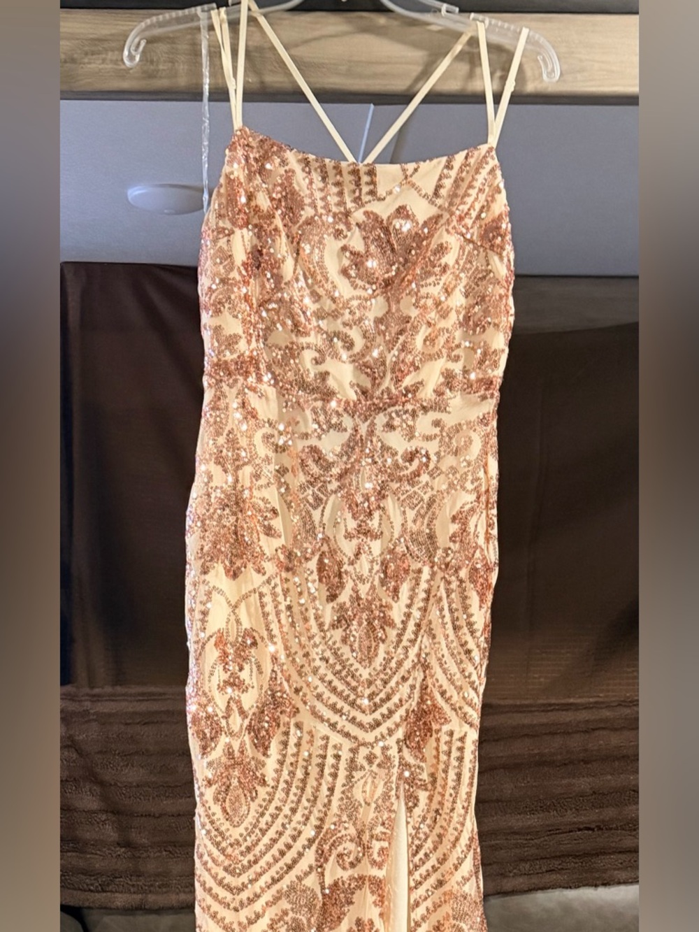 Women's Rose Gold Sequin Evening Dress with Spaghetti Straps